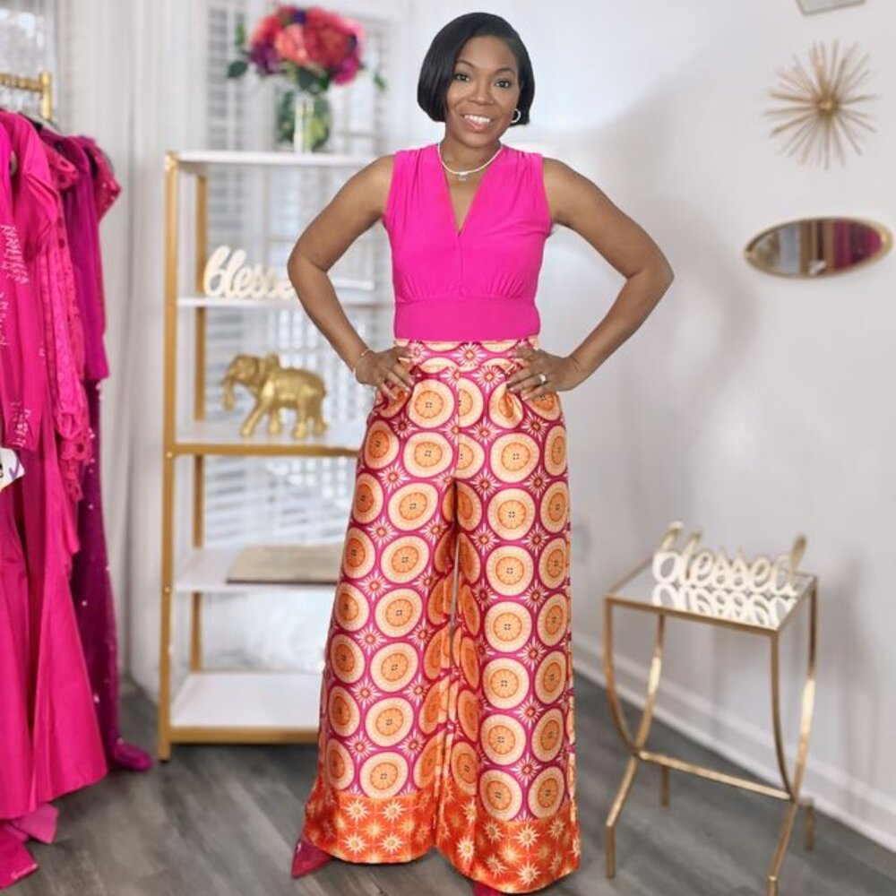 House of Harlow 1960 Satin Wide Leg Pink Orange Boho Palazzo Print Pant